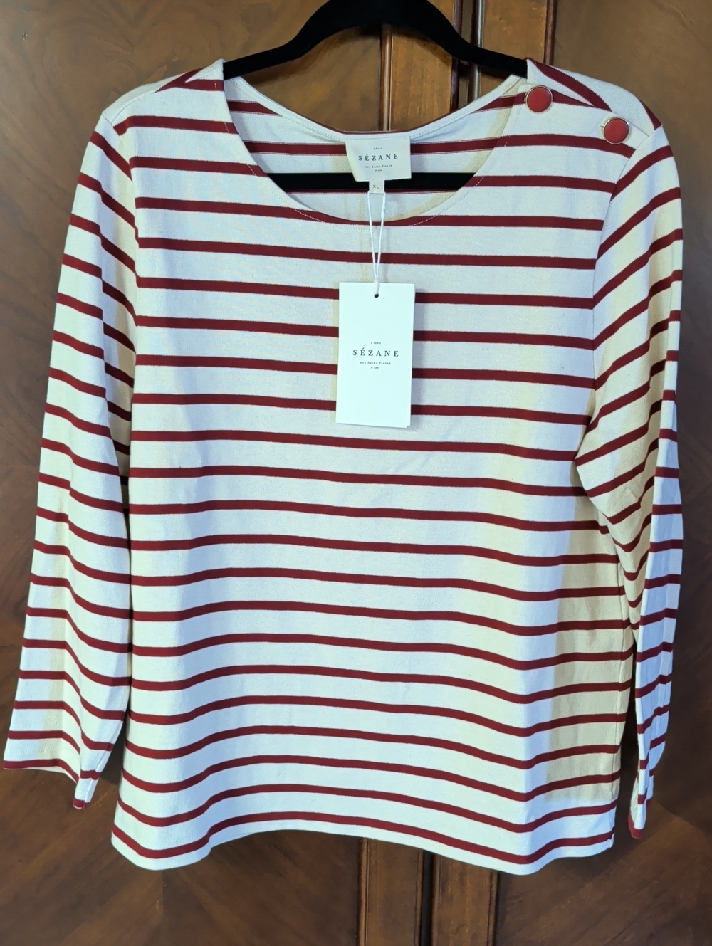 NWT Sezane Colette Mariniere Organic Cotton Top Size XL Ecru And Burgundy